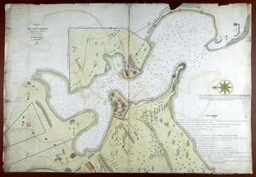 Eine Vermessung des englischen Hafens auf der Insel Antigua, durchgeführt im Auftrag von Kommissar Laforey im Jahr 1783